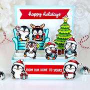 Sunny Studio Penguins at Home on Sofa by Decorated Tree Pop-up Box Holiday Card using Cozy Christmas 4x6 Clear Craft Stamps