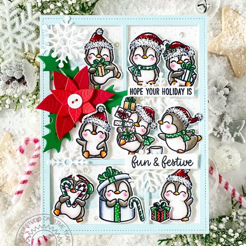 Sunny Studio Fun & Festive Holiday Penguin Handmade Winter Christmas Frame Card using Penguin Party 4x6 Clear Craft Stamps