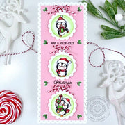 Sunny Studio Pink Scalloped Circle Tag Slimline Holly Jolly Christmas Holiday Card using Penguin Party 4x6 Clear Craft Stamps