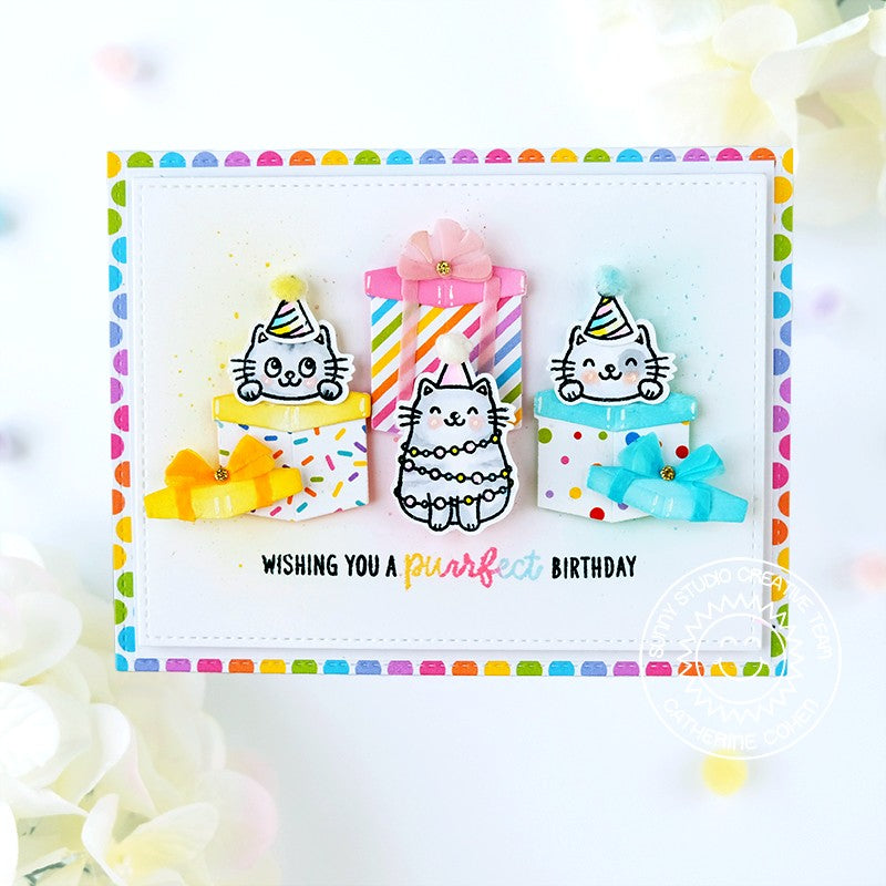 Sunny Studio Stamps Purrfect Birthday Punny Cat Card with Polka-dot Presents using Perfect Gift Boxes Metal Cutting Dies