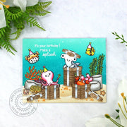 Sunny Studio Make A Splash Fish in Gift Boxes with Coral Birthday Card (using Ocean View 4x6 Clear Stamps)