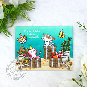 Sunny Studio Make A Splash Fish in Gift Boxes with Coral Birthday Card (using Ocean View 4x6 Clear Stamps)