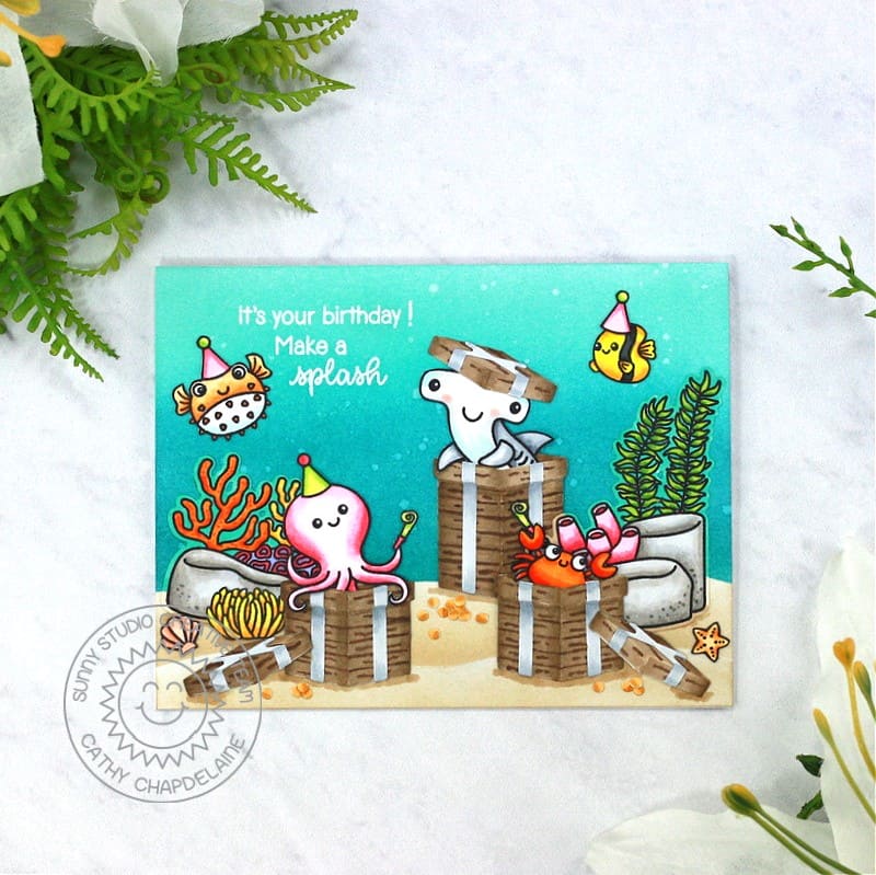 Sunny Studio Stamps Make A Splash Fish in Party Hats Ocean Themed Birthday Card using Perfect Gift Boxes Metal Cutting Dies