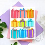 Sunny Studio Stamps Brightly Colored Rainbow Presents Grid Style Birthday Card (using Perfect Gift Boxes Metal Cutting Dies)