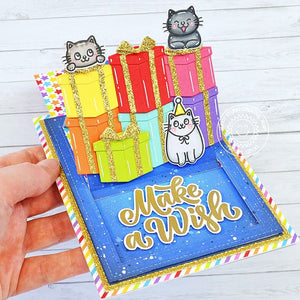 Sunny Studio Stamps Make A Wish Cats Peeking Over Birthday Gifts Pop-up Card (using Sliding Window Metal Cutting Dies)