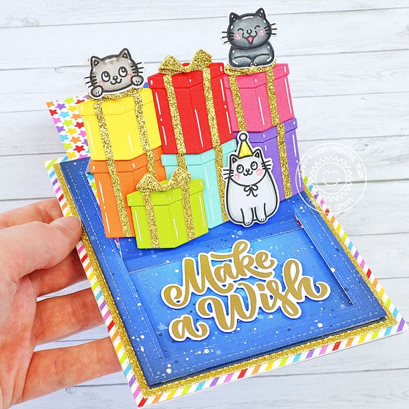 Sunny Studio Stamps Make A Wish Cats Peeking Over Birthday Presents Sliding Pop-up Card (using Perfect Gift Boxes Dies)