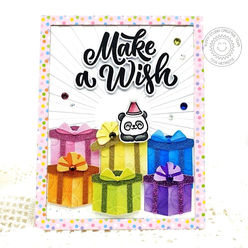 Sunny Studio Stamps Make A Wish Panda with Stack of Birthday Presents Card (using Lots of Dots 6x6 Embossing Folder)