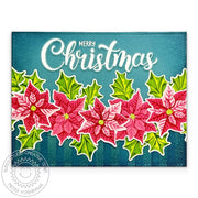 Sunny Studio Red Poinsettia & Teal Glitter Stripes Holiday Christmas Card using Petite Poinsettia Clear Layering Craft Stamps