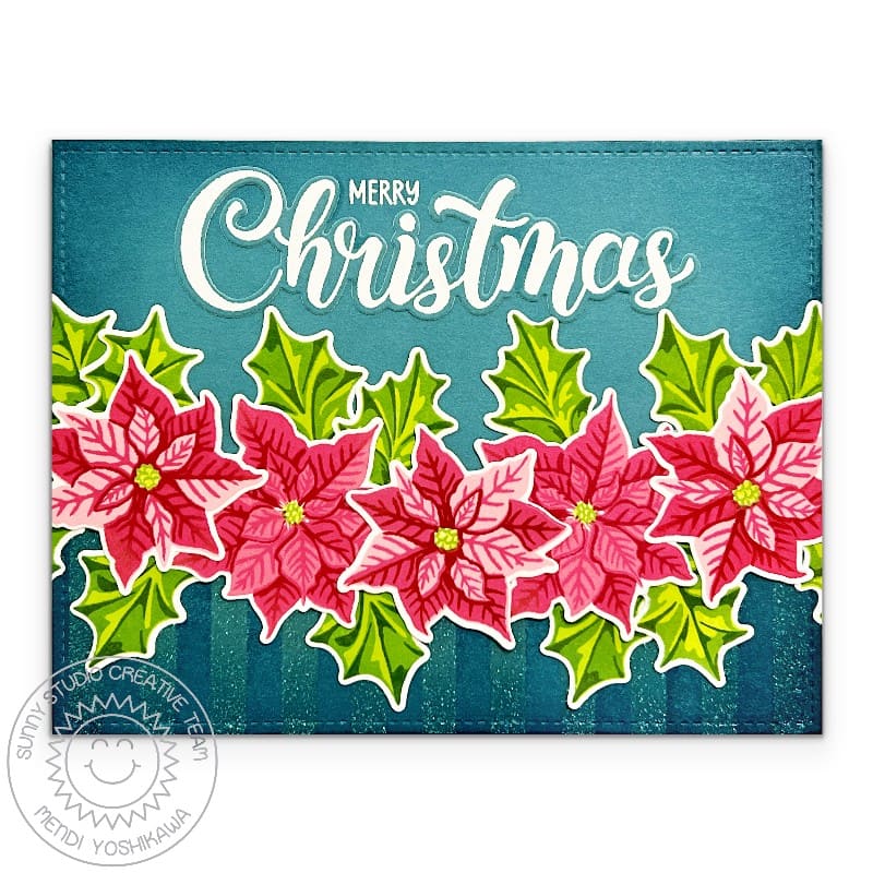 Sunny Studio Red Poinsettia & Teal Glitter Stripes Holiday Christmas Card using Petite Poinsettia Clear Layering Craft Stamps