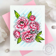 Sunny Studio Stamps Peonies Peony Flowers on Striped Background Hello Card using using Frilly Frames Stripes Metal Craft Dies