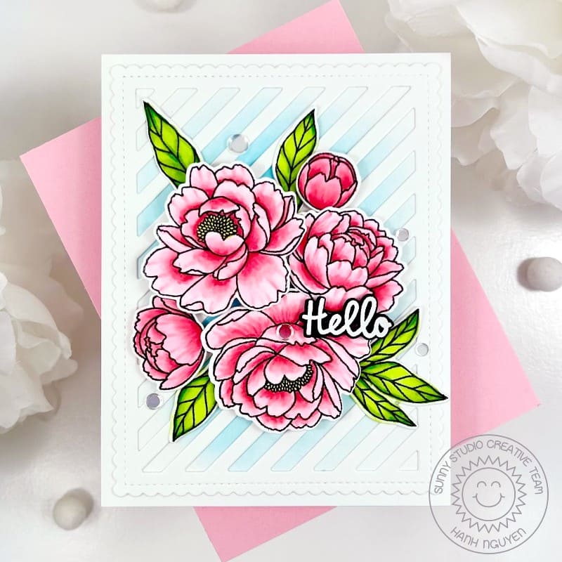Sunny Studio Stamps Peonies Peony Flowers on Striped Background Hello Card using using Frilly Frames Stripes Metal Craft Dies