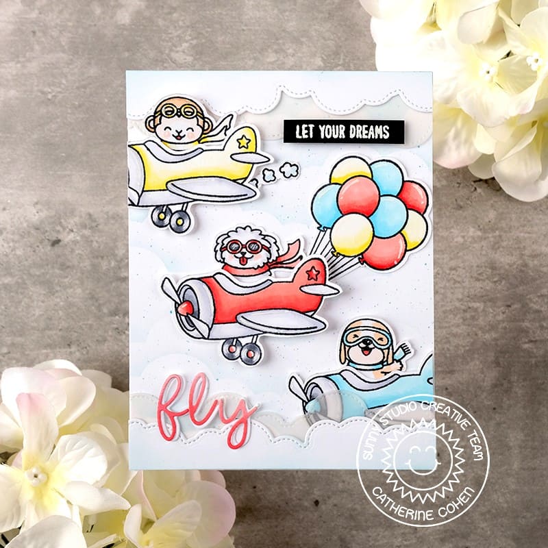 Sunny Studio Let Your Dreams Fly Critters Flying Airplanes with Balloons & Clouds Card using Loopy Letters Alphabet Dies