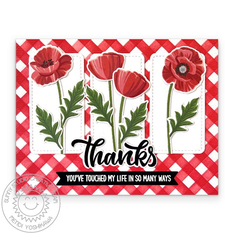 Sunny Studio Stamps Poppies Poppy Flower Red Gingham Thank You Card using Buffalo Plaid Diagaonal Background Metal Craft Die