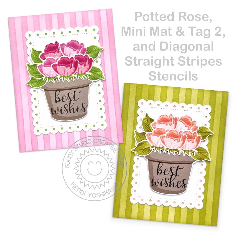 Sunny Studio Floral Roses in Flower Pots Striped "Best Wishes" Wedding Cards using Diagonal & Straight Stripes 6x6 Stencils