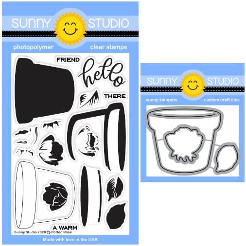 Sunny Studio Potted Rose Rosebud, Leaf & Terracotta Flower Pot Layered Layering 4x6 Clear Stamps & Metal Cutting Craft Dies