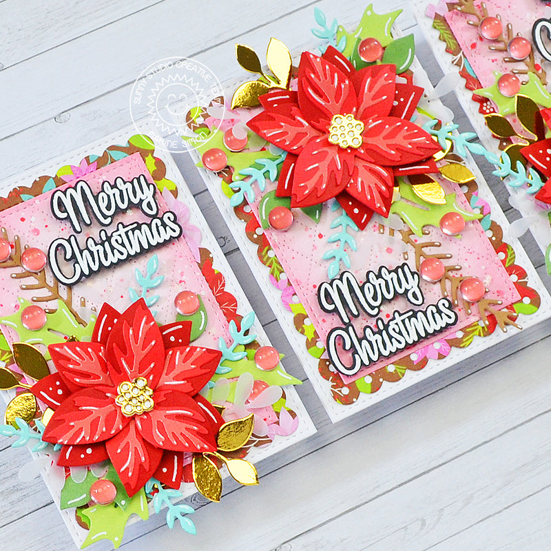 Sunny Studio Stamps Layered Poinsettia Die-Cut Merry Christmas Mini Holiday Card Set using Winter Greenery Metal Cutting Dies