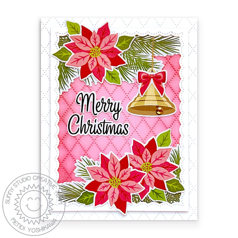 Sunny Studio Vintage Inspired Poinsettia & Gold Bell Holiday Christmas Card using Pretty Poinsettia 3x4 Clear Layering Stamp