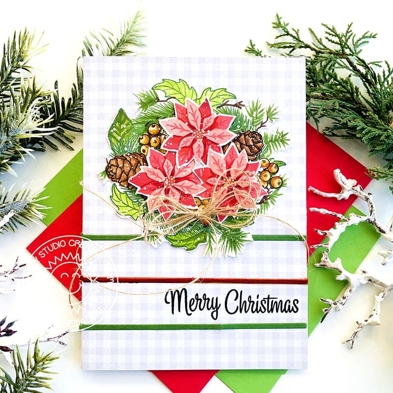 Sunny Studio Layered Poinsettia Flower Arrangement Holiday Christmas Card using Pretty Poinsettia 3x4 Clear Layering Stamps