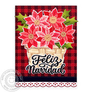 Sunny Studio Stamps Buffalo Plaid Poinsettias in Basket Feliz Navidad Christmas Card (using buttons & holly from Woolen Mitten Dies)