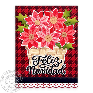 Sunny Studio Stamps Buffalo Plaid Feliz Navidad Spanish Christmas Card using Ribbon & Lace Border Slimline Metal Cutting Die