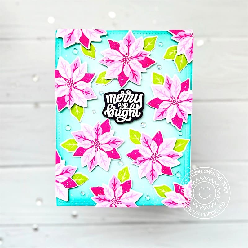 Sunny Studio Pink Poinsettia Flowers & Aqua Background Holiday Christmas Card using Pretty Poinsettia Clear Layering Stamps