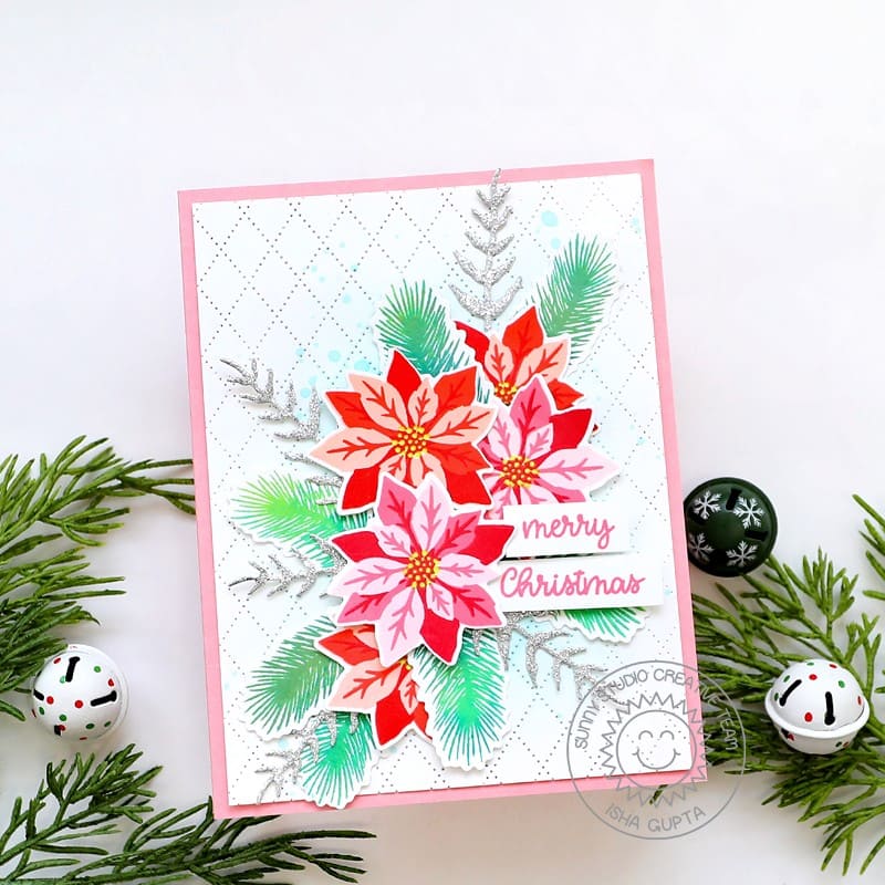 Sunny Studio Stamps Poinsettia Flower Arrangement Holiday Christmas Card using Dotted Diamond Portrait Background Cutting Die
