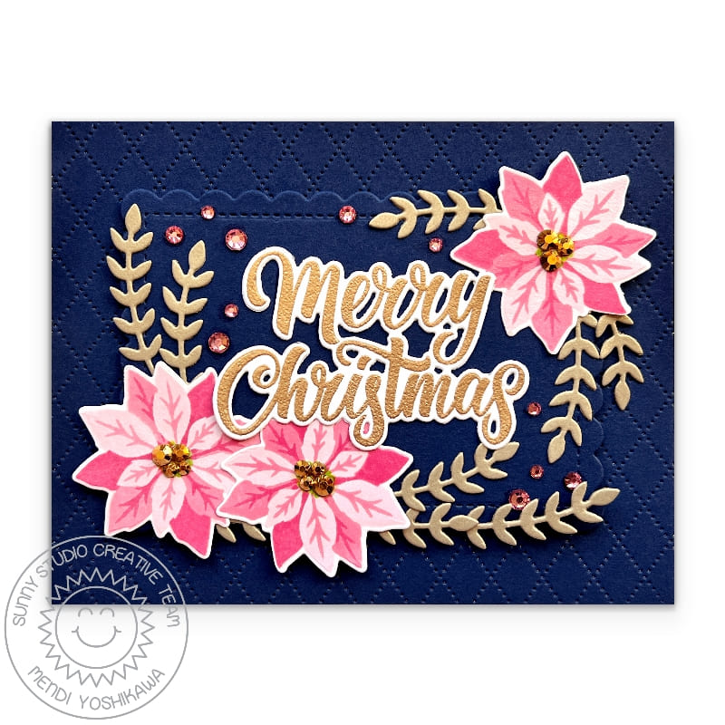 Sunny Studio Pink, Navy & Metallic Gold Poinsettia Christmas Card (using Pretty Poinsettia 3x4 Clear Layering Stamps)