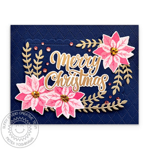 Sunny Studio Stamps Pink, Navy & Metallic Gold Poinsettia Holiday Christmas Card (using Winter Greenery Metal Cutting Dies)