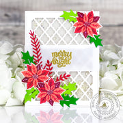 Sunny Studio Red Poinsettias Flowers Quatrefoil Holiday Shaker Christmas Card using Pretty Poinsettia Clear Layering Stamps