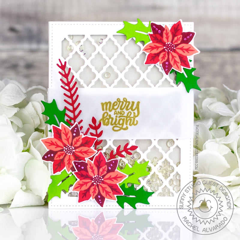 Sunny Studio Red Poinsettias Flowers Quatrefoil Holiday Shaker Christmas Card using Pretty Poinsettia Clear Layering Stamps