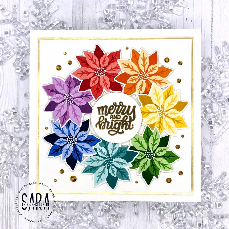 Sunny Studio Merry & Bright Rainbow Poinsettia Wreath Square Holiday Christmas Card using Pretty Poinsettia 3x4 Clear Stamps