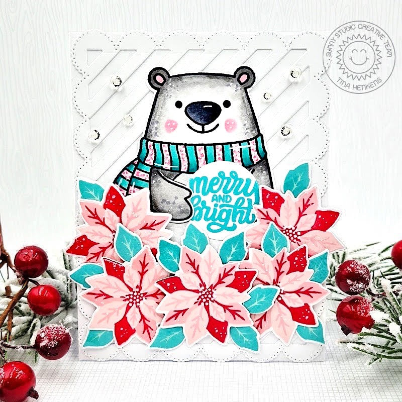 Sunny Studio Polar Bear Surrounded by Pink Poinsettia Flowers Holiday Christmas Card using Pretty Poinsettia 4x6 Clear Stamps