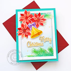 Sunny Studio Poinsettias & Gold Bell Vintage Inspired Holiday Christmas Card using Bells & Baubles 4x6 Clear Layering Stamps