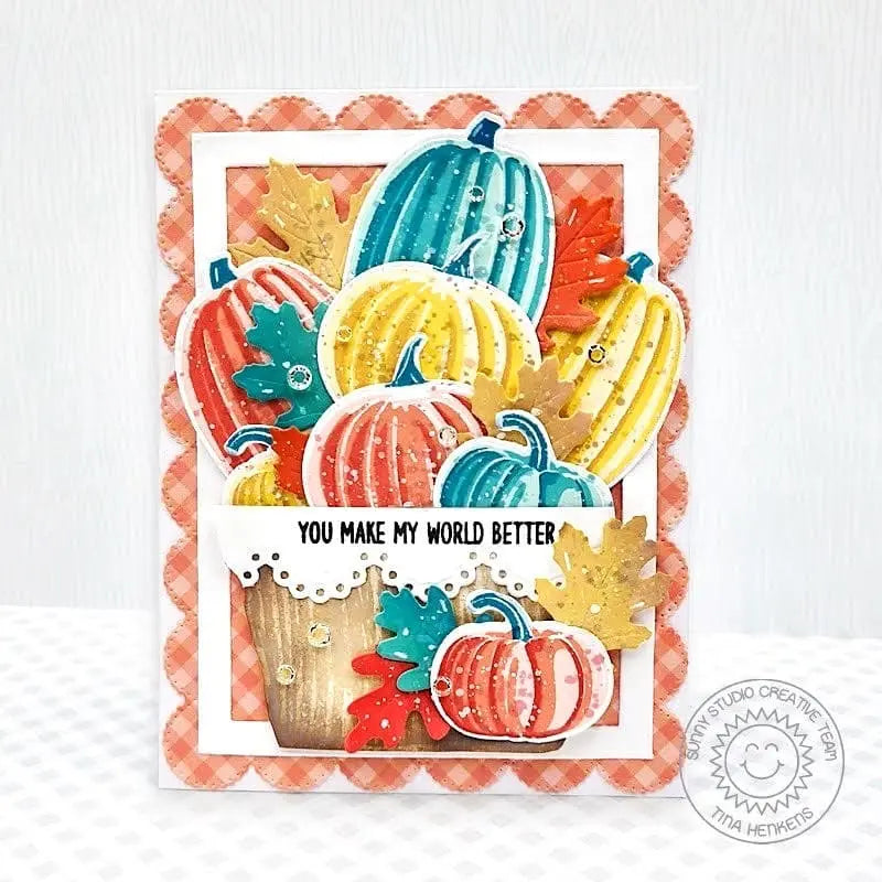 Sunny Studio Yellow, Teal & Orange Pumpkins & Squash Gingham Fall Card (using Pretty Pumpkins Clear Layering Stamps)