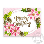 Sunny Studio Pink Poinsettia Flowers Handmade Holiday Christmas Card using Pretty Poinsettia 3x4 Clear Layering Craft Stamps