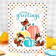 Sunny Studio Fox & Aqua Layered Pumpkins Autumn Greetings Polka-Dot Fall Card using Foxy Friends 4x6 Clear Craft Stamps