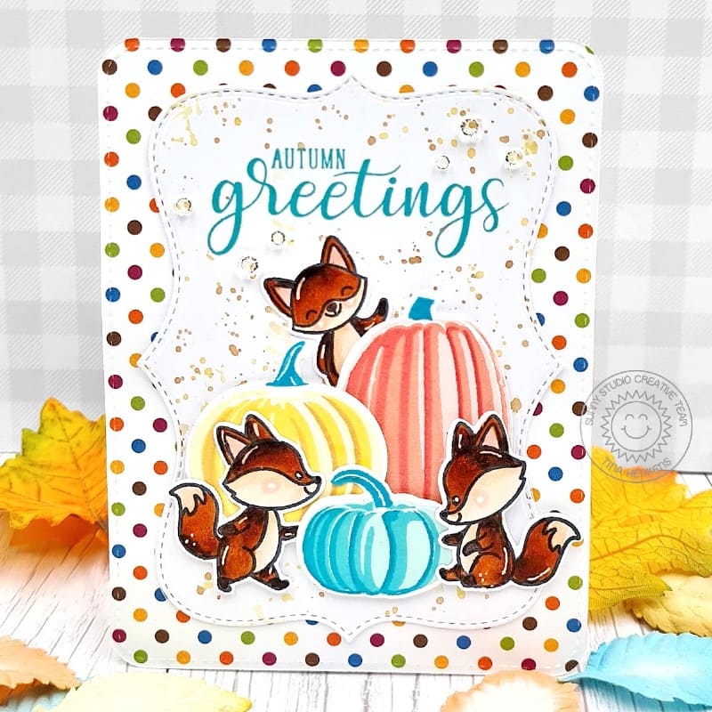 Sunny Studio Fox & Aqua Layered Pumpkins Autumn Greetings Polka-Dot Fall Card using Foxy Friends 4x6 Clear Craft Stamps