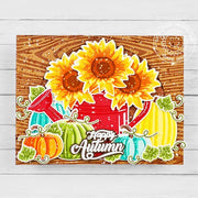 Sunny Studio Pumpkins & Flowers in Watering Can Wood Embossed Autumn Fall Card using Sunflower Fields Clear Layering Stamps