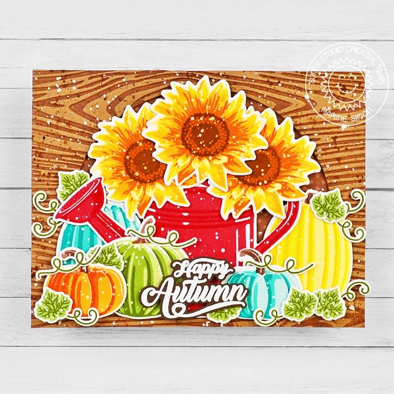 Sunny Studio Pumpkins & Flowers in Watering Can Wood Embossed Autumn Fall Card using Sunflower Fields Clear Layering Stamps