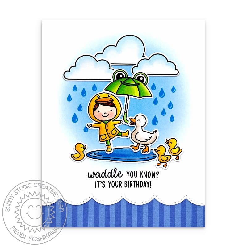 Sunny Studio Girl with Duck Raincoat, Frog Umbrella & Ducklings Punny Birthday Card using Puddle Jumpers 3x4 Clear Stamps