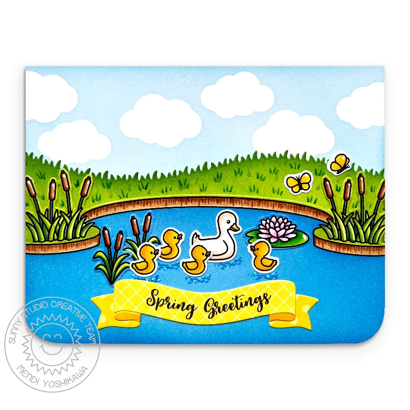 Sunny Studio Mama Duck with Ducklings in Pond Spring Greetings Card using Puddle Jumpers 3x4 Clear Stamps