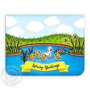 Sunny Studio Stamps Mama Duck with Ducklings in Pond Spring Greetings Card using Mini Grass Border Metal Cutting Dies