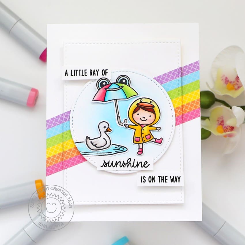 Sunny Studio Sunshine on the Way Girl with Frog Umbrella Rainbow Striped Spring Card using Puddle Jumpers Clear Craft Stamps