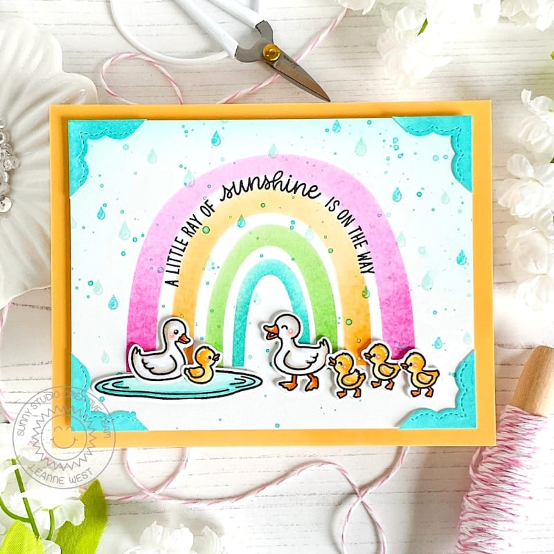 Sunny Studio A Little Ray of Sunshine Rainbow Ducks Playing in Rain Puddles Card using Puddle Jumpers Clear Craft Stamps