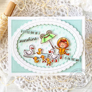 Sunny Studio Girl with Ducks & Umbrella Scalloped Oval Rainy Day Encouragement Card using Puddle Jumpers Clear Craft Stamps