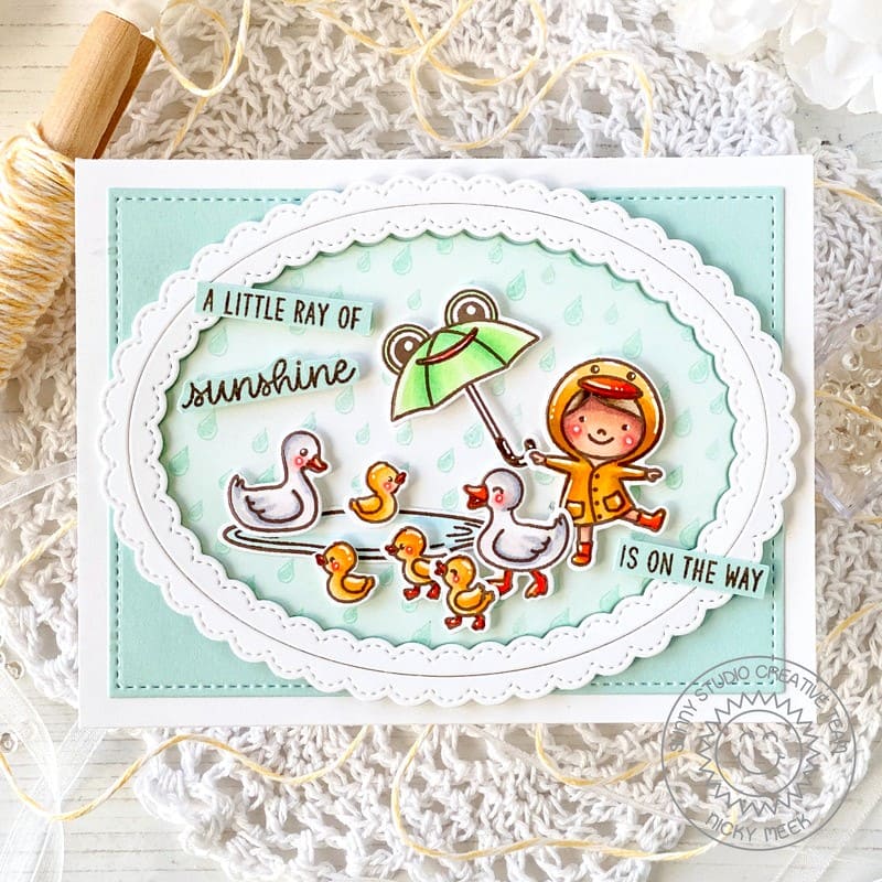 Sunny Studio Stamps Girl with Ducks & Umbrella Scalloped Encouragement Card using Fancy Frames Oval Metal Cutting Craft Dies