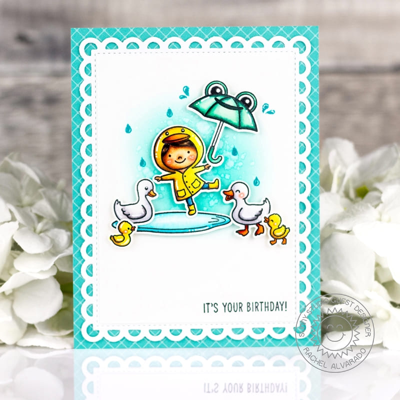 Sunny Studio Girl In Duck Raincoat with Frog Umbrella Aqua Spring Birthday Card using Puddle Jumpers 3x4 Clear Craft Stamps