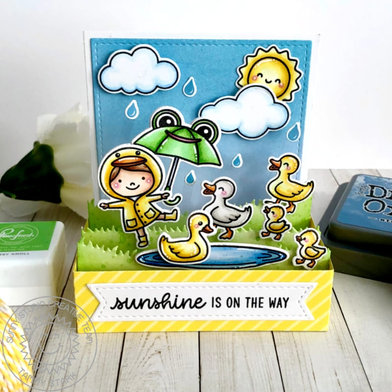 Sunny Studio Girl with Raincoat, Frog Umbrella, & Ducks Spring Pop-up Box Card using Puddle Jumpers 3x4 Clear Craft Stamps