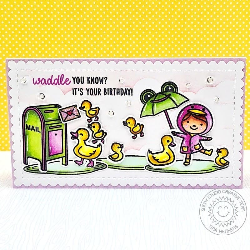 Sunny Studio Girl with Ducks, Umbrella & Mailbox Scalloped Slimline Birthday Card using Puddle Jumpers Clear Craft Stamps