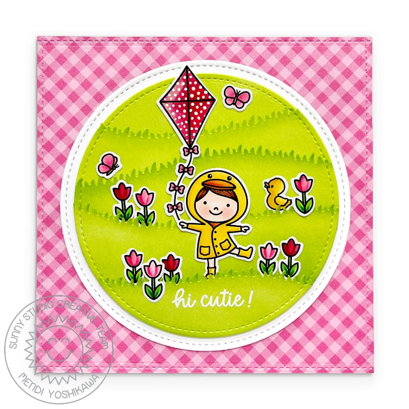 Sunny Studio Girl with Duck Raincoat Flying Kite with Tulips Pink Gingham Square Card using Spring Showers 4x6 Clear Stamps